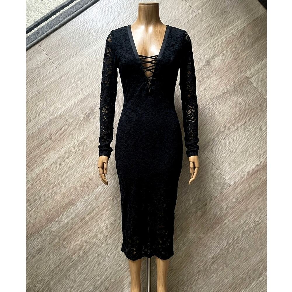 MARCIANO Black Lace Plunge V-Neck Dress  Long Sleeve Lace-Up Evening Midi GUESS